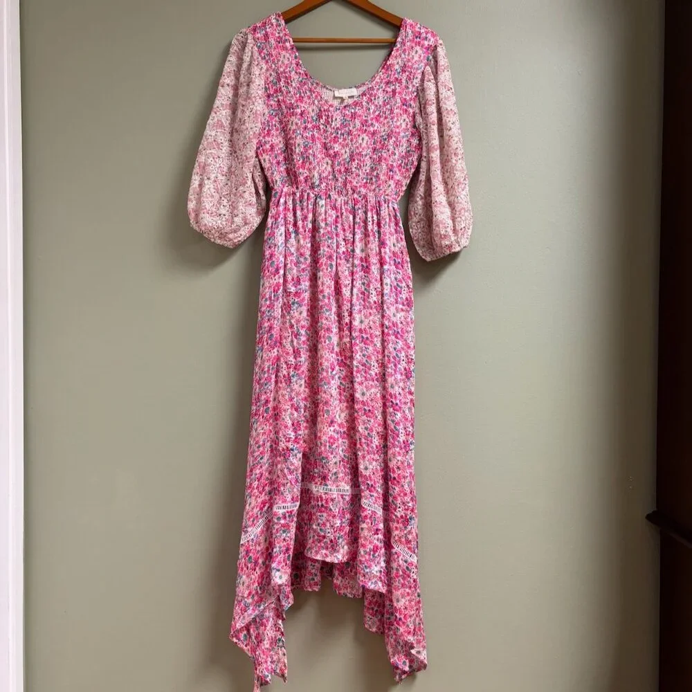 Melloday Floral Midi Dress Size L Fairy Festival Cottage‎ Prairie Asymmetric